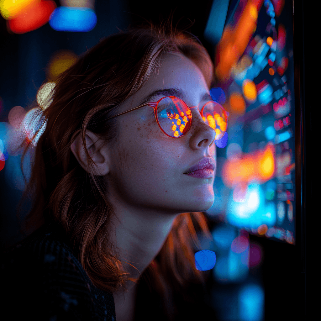 A person reviewing information on a screen at night, glasses reflecting the interface