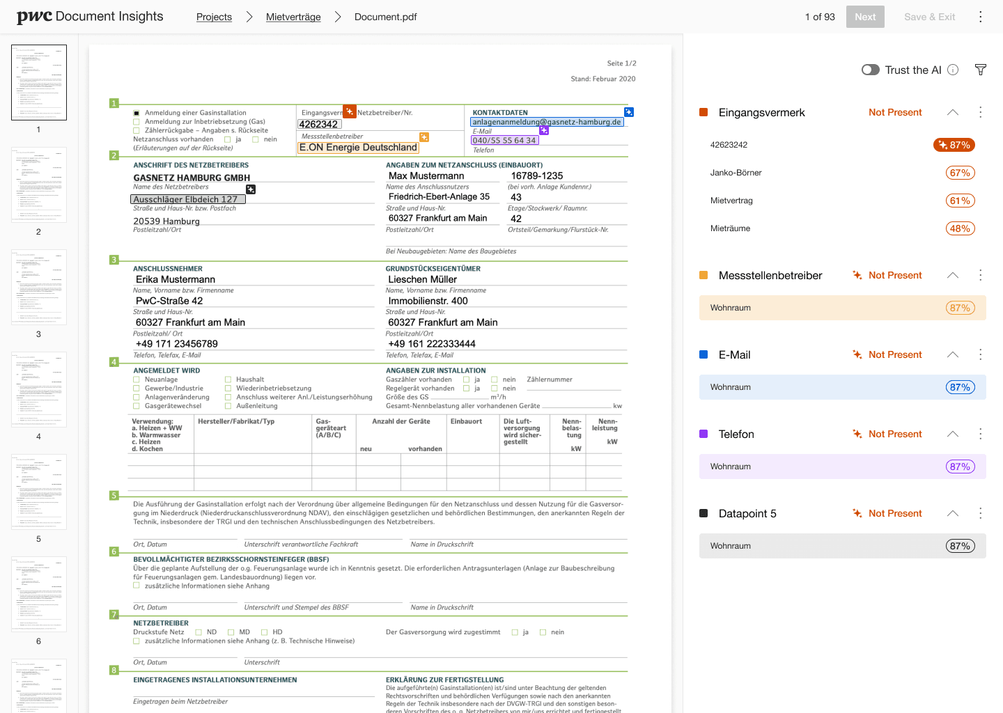 Document Insights review interface: the source document on the left with highlighted extractions, and predicted fields with confidence scores on the right