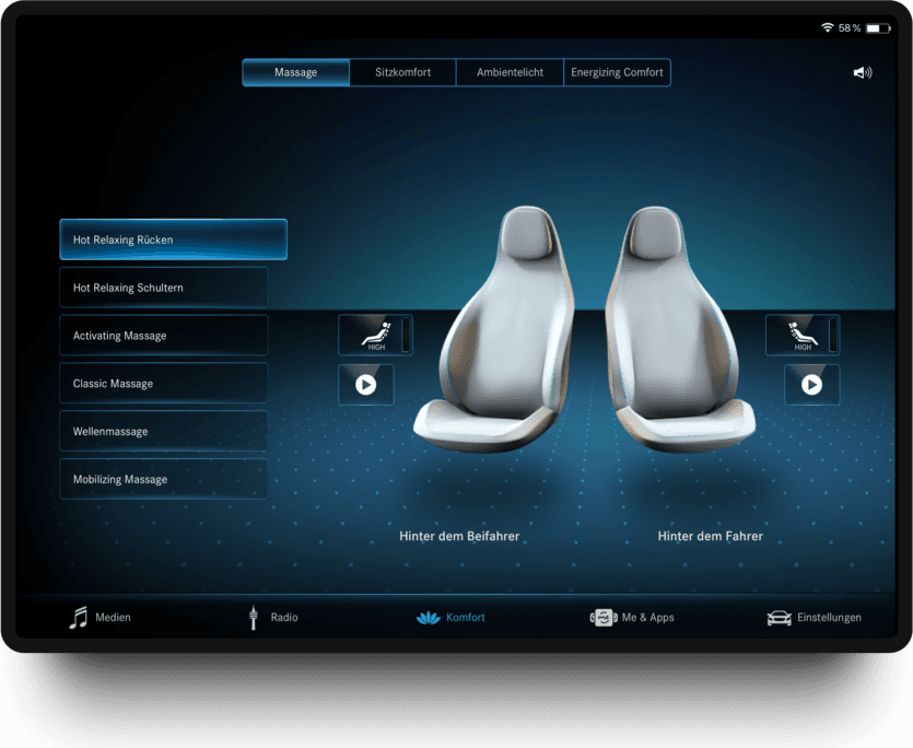 MBUX in-car comfort screen with rear-seat massage programs and per-seat controls