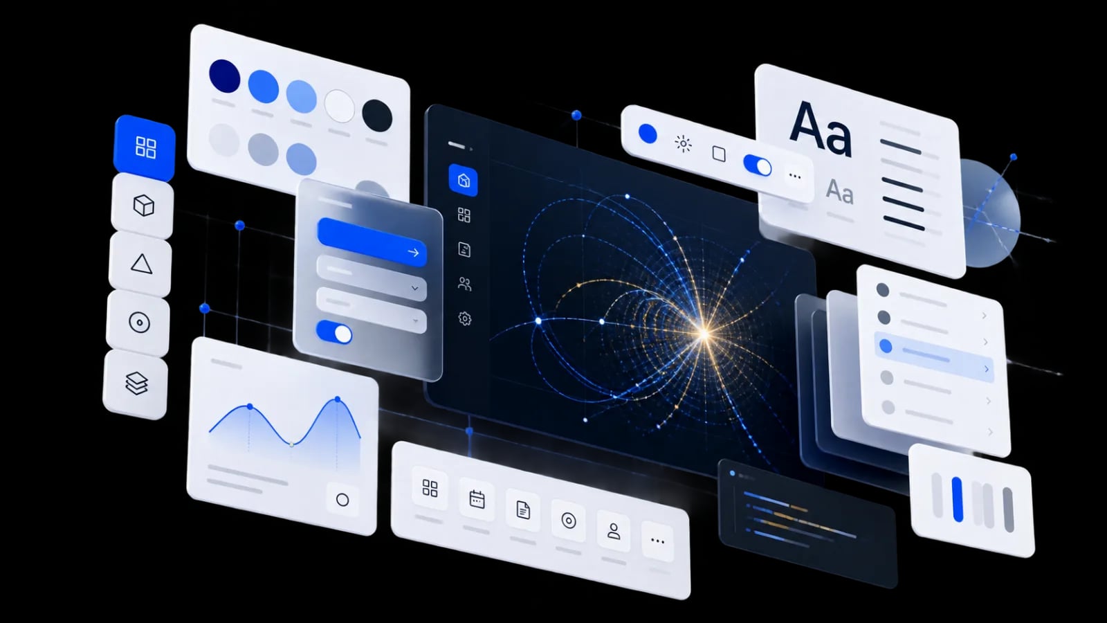 The CERN design system exploded into its parts — colour tokens, type scale, form controls and charts around a dark particle-collision visual.