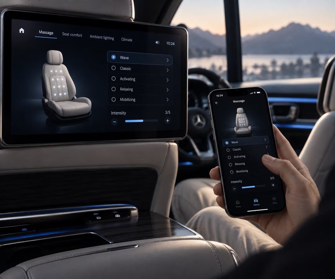 The MBUX massage screen in a Mercedes-Benz cabin, and a passenger holding a phone showing the same controls.