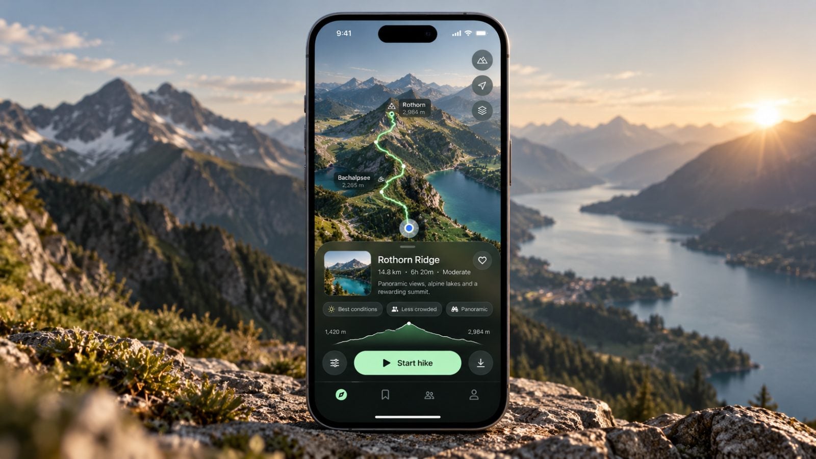 An iPhone held against an alpine ridge at sunrise, showing Field's adaptive route with its elevation profile and a Start hike button.
