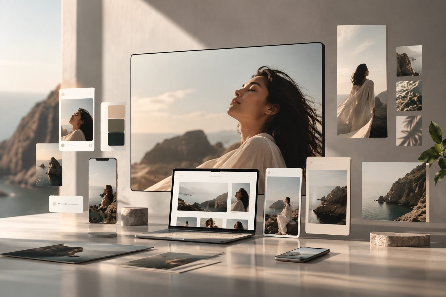 One campaign rendered across a wall display, laptop, tablet and phone — the same coastal shoot, consistent in every format.