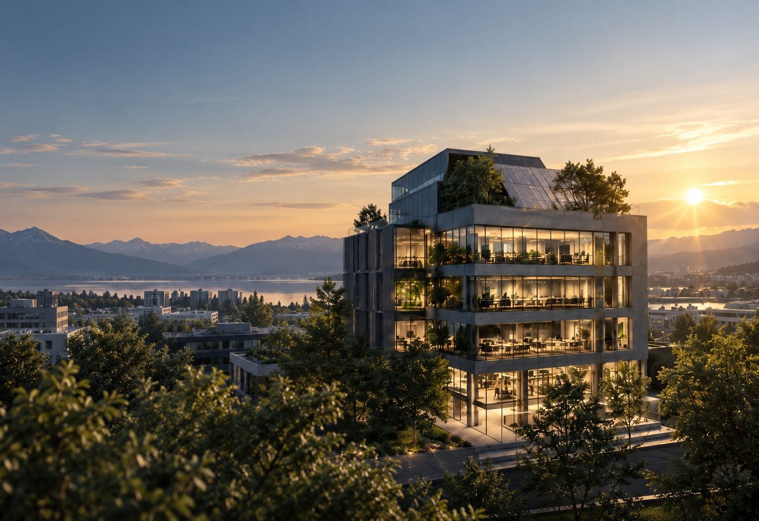 A glass office building lit from within at sunset, solar panels and planting on its roof, mountains and a lake behind.