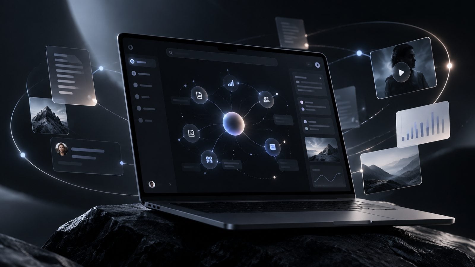 A laptop on dark rock showing Orbit's investigation map, with documents, charts and video clips orbiting the screen on light trails.