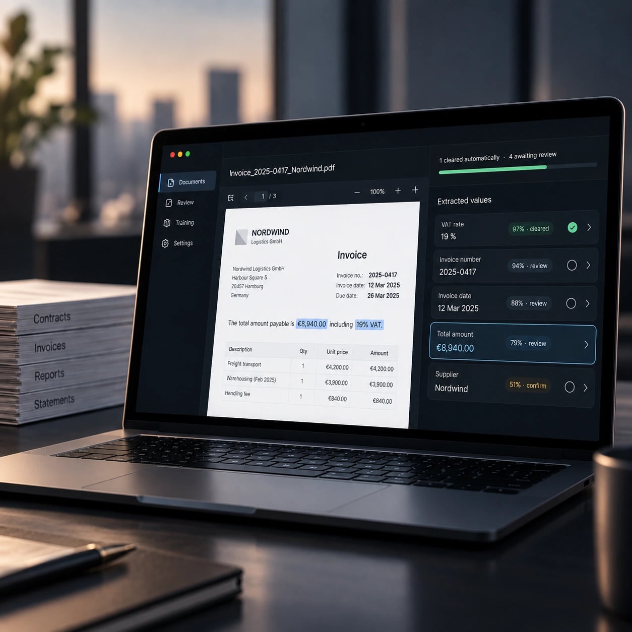 A reviewer’s screen showing an invoice and the values read from it, each with its confidence.