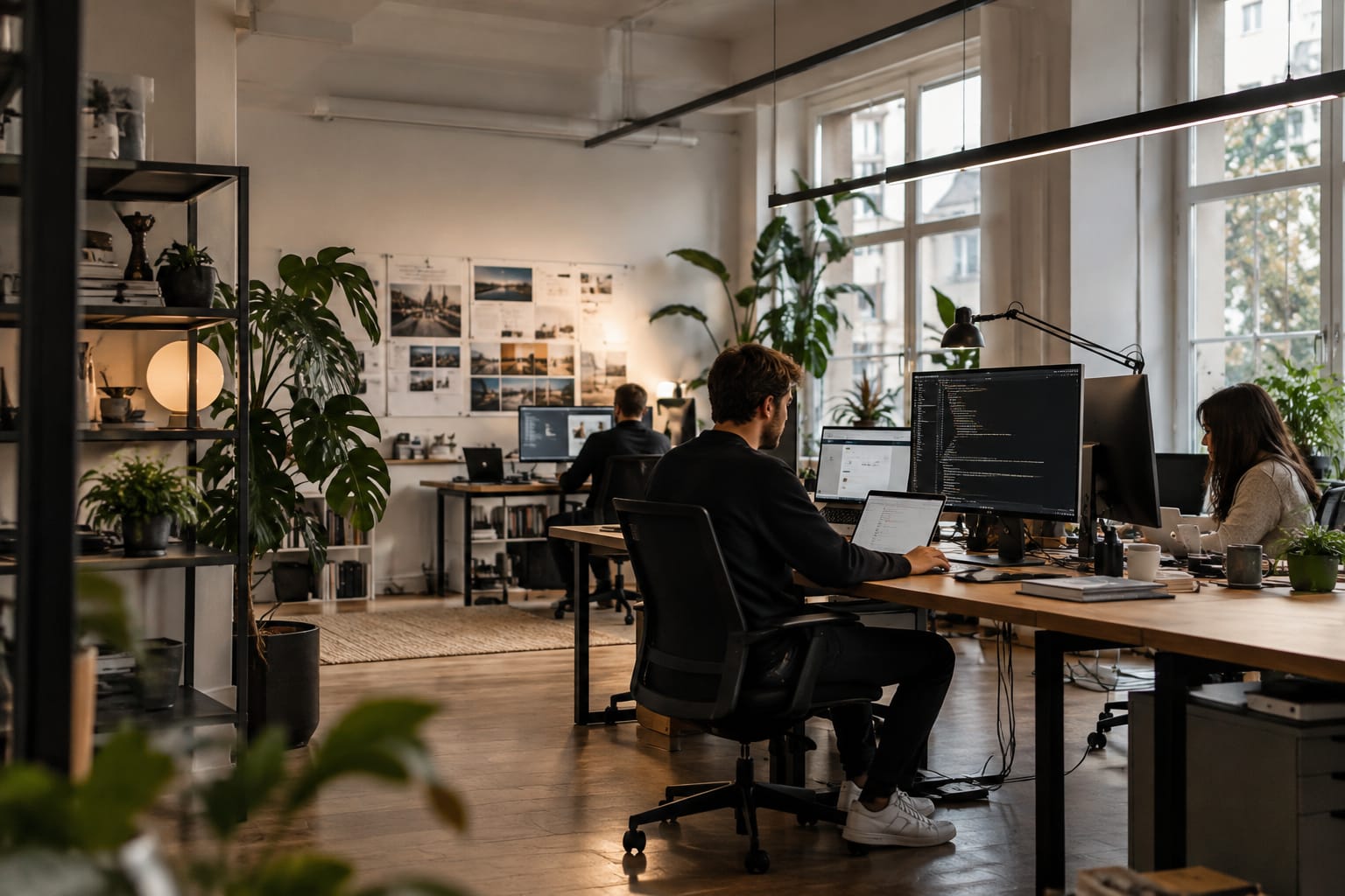 Das Studio bei der Arbeit — Designer und Engineers an einem gemeinsamen Tisch.