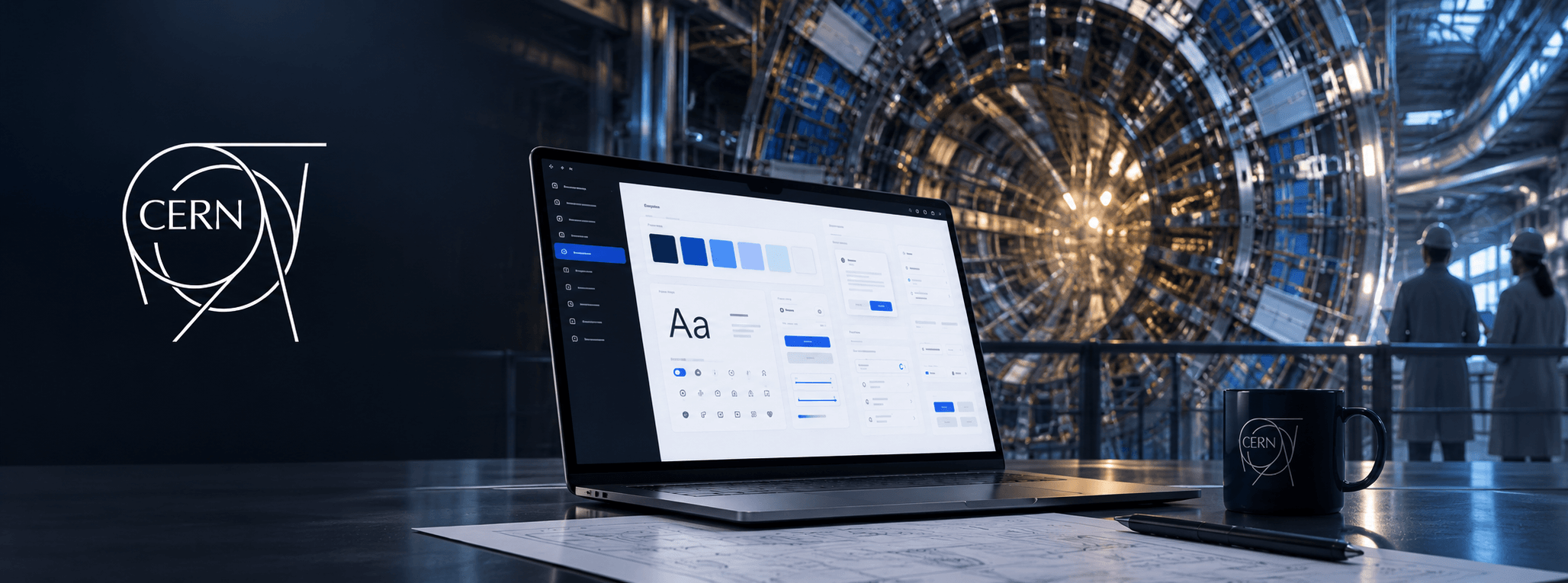 The CERN BC Design System open on a laptop, a particle detector in the hall behind it.