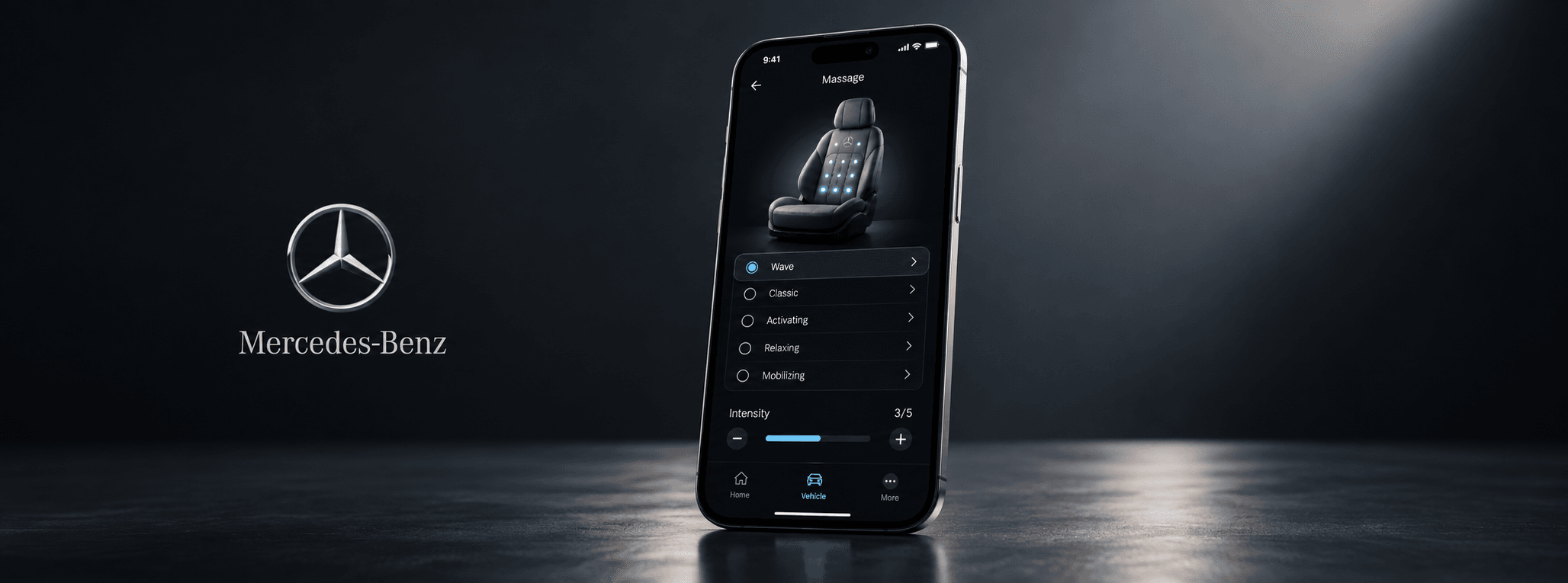 The MBUX companion app’s massage screen on a phone, beside the Mercedes-Benz star.
