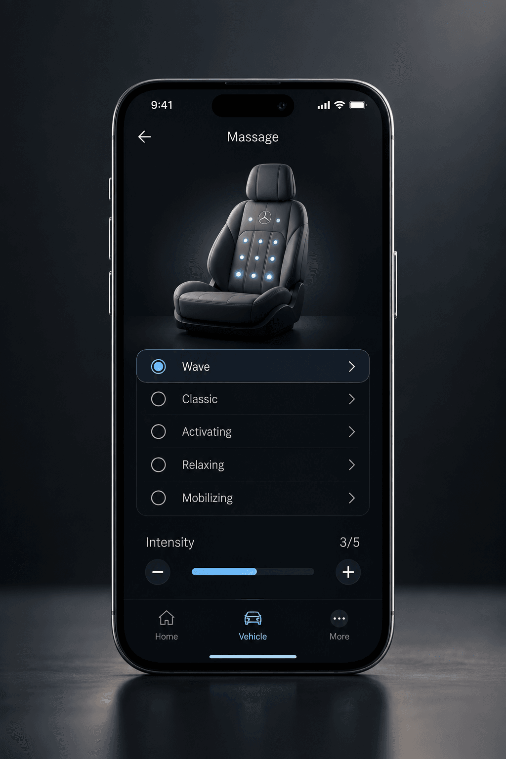 The massage screen in the companion app: programme list with “Wave” selected, intensity 3 of 5.