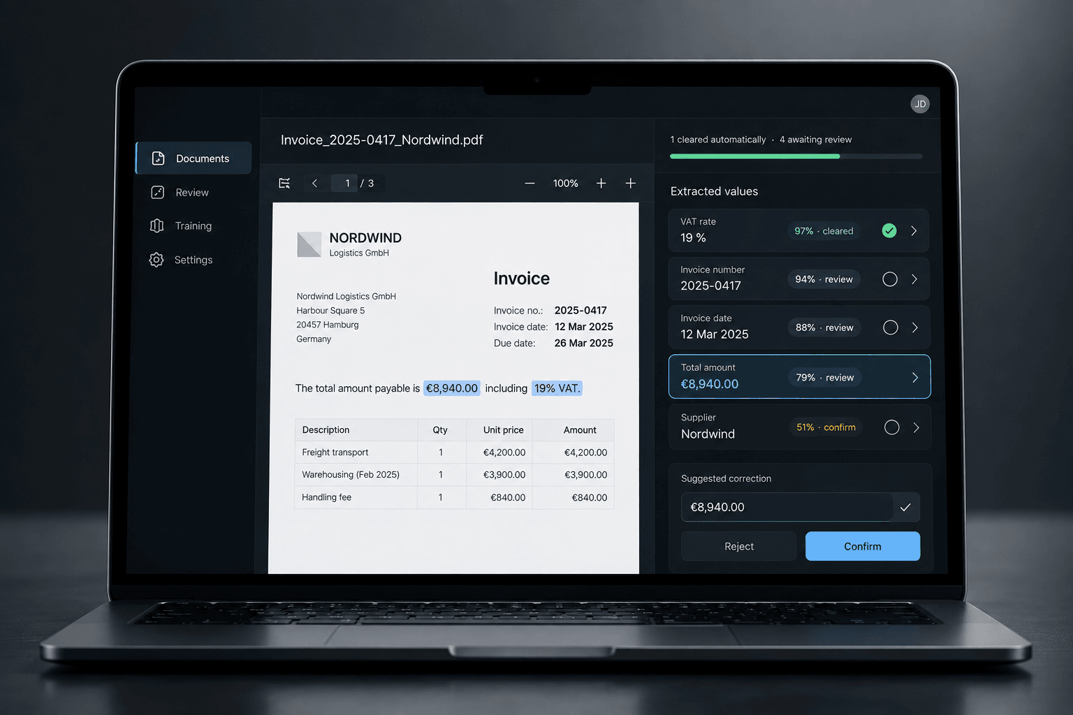 Extracted values beside the invoice they came from, each with a confidence score: confident values clear quietly, unsure ones are flagged to confirm.