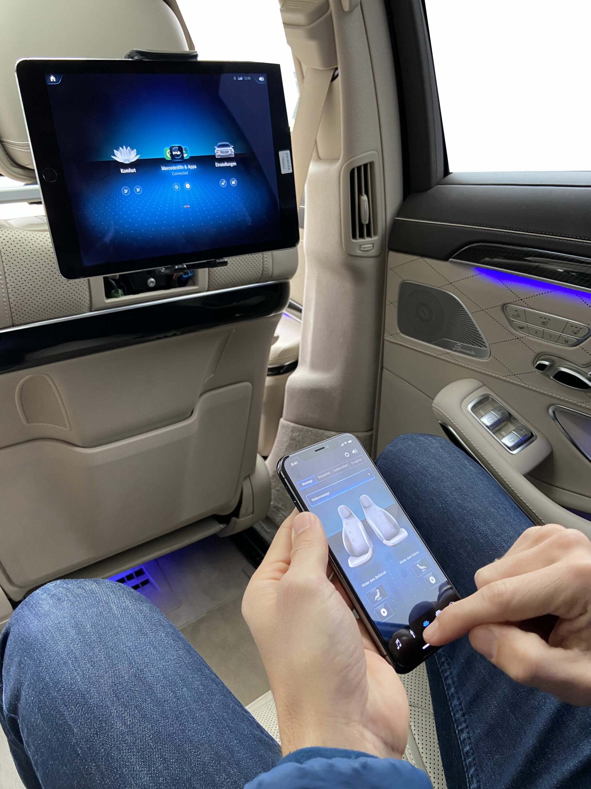 In-car user testing: prototype running on phone and tablet in a real Mercedes