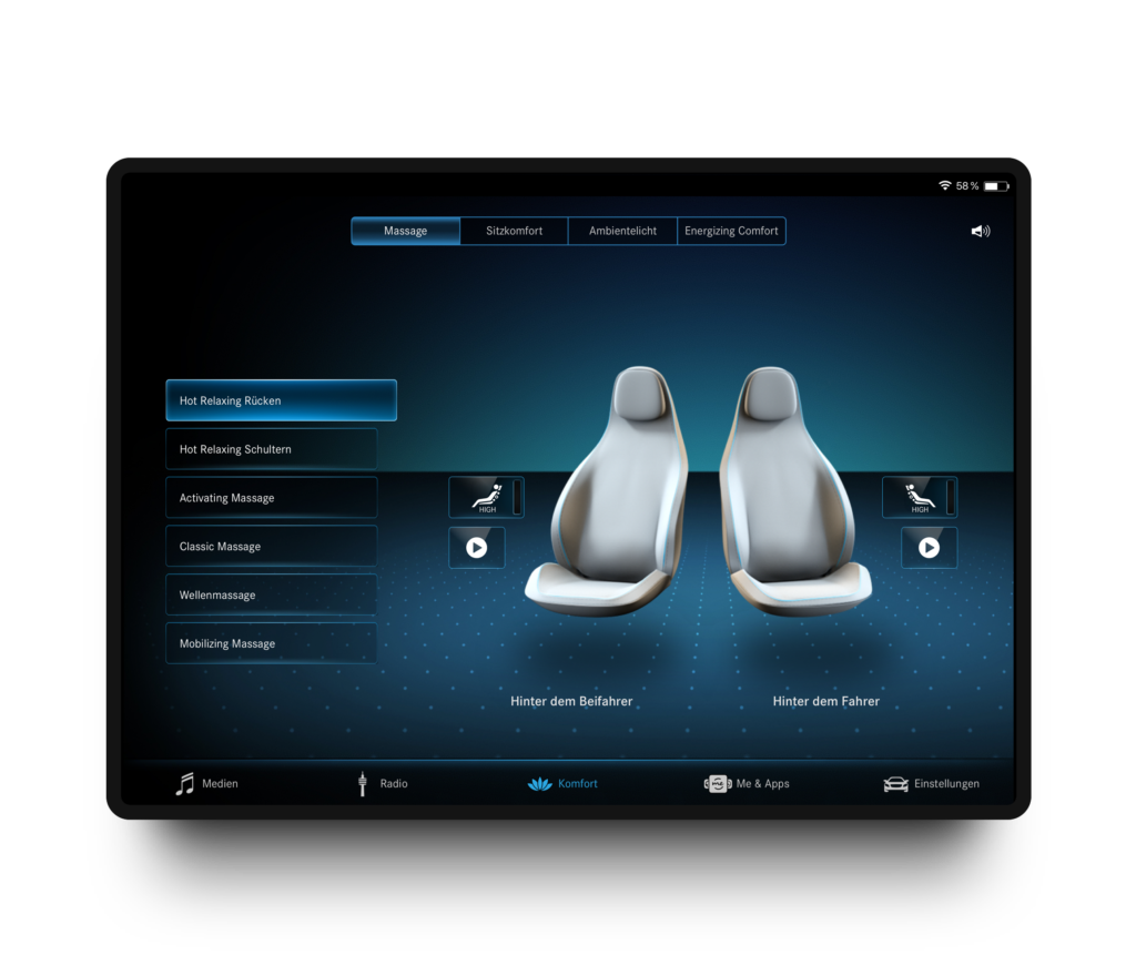 iPad mockup of the Massage interface with seat visualisation