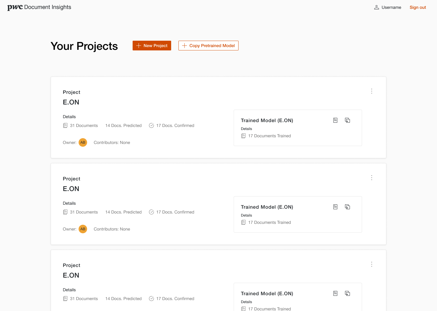 Your Projects overview with trained models and document counts