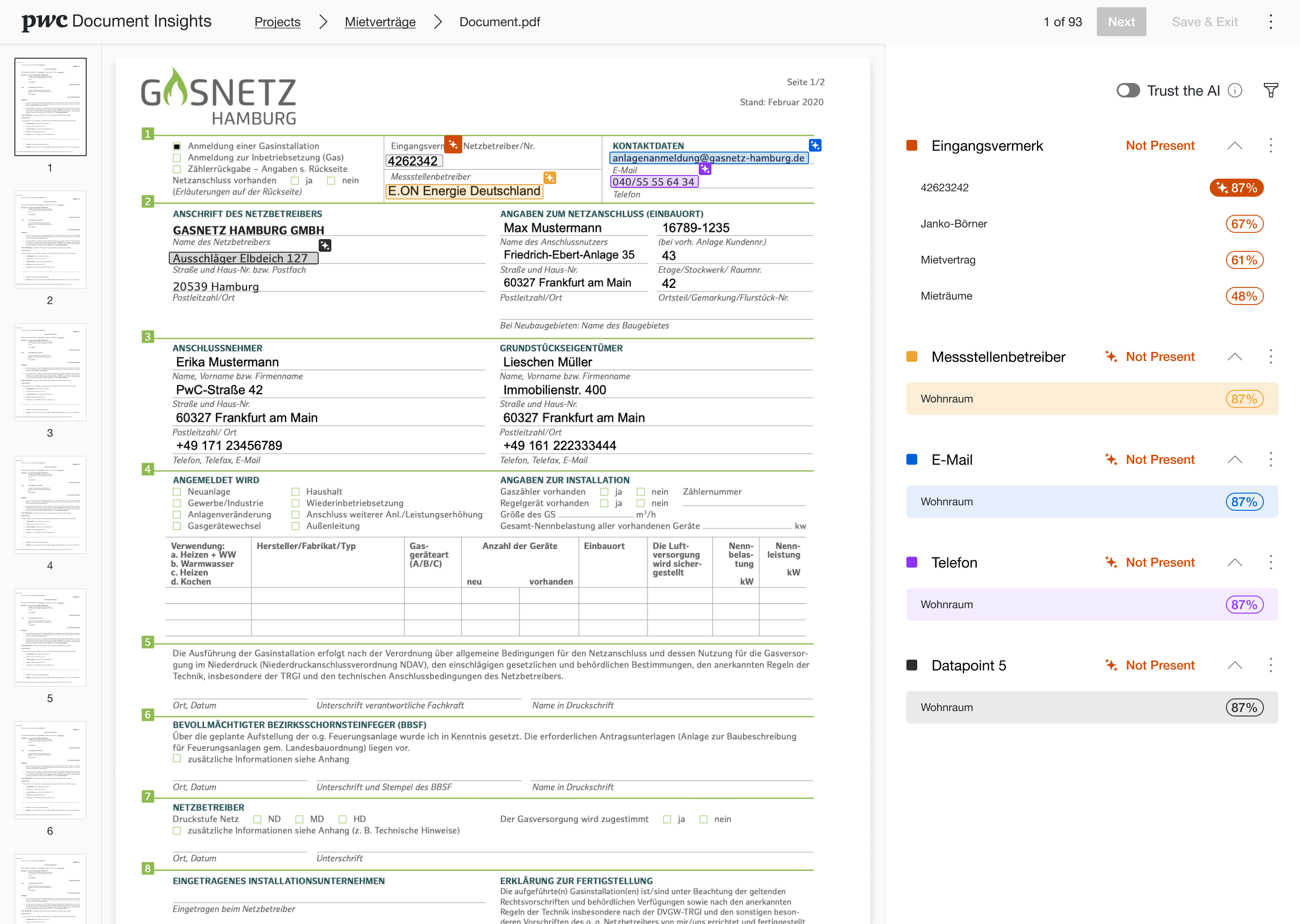 Document review: source document with highlighted fields beside the data-point panel