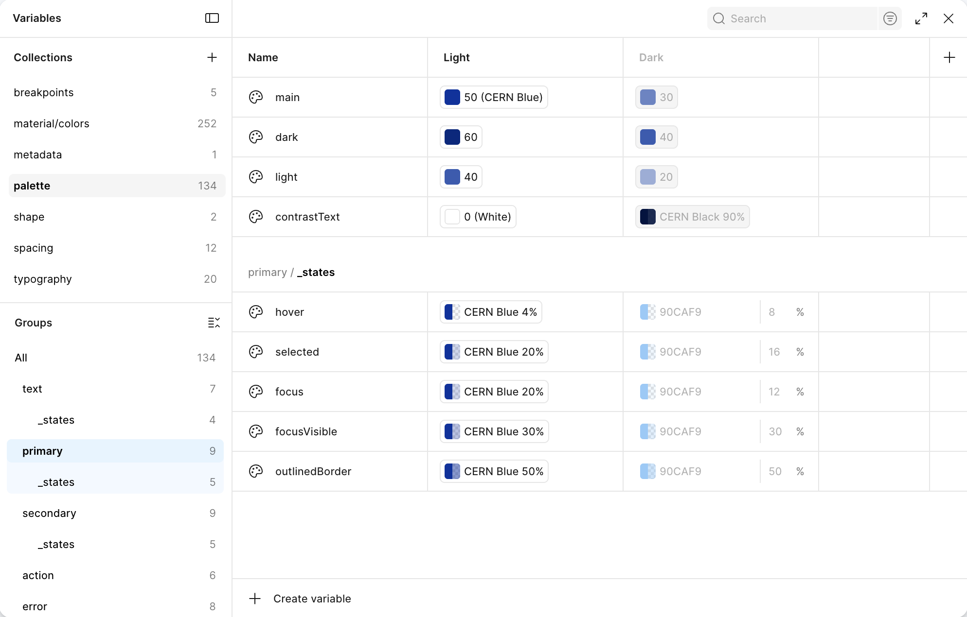 Figma Variables panel showing CERN UI design token collections — palette (134 tokens), material/colors (252), primary colour states with light and dark mode values