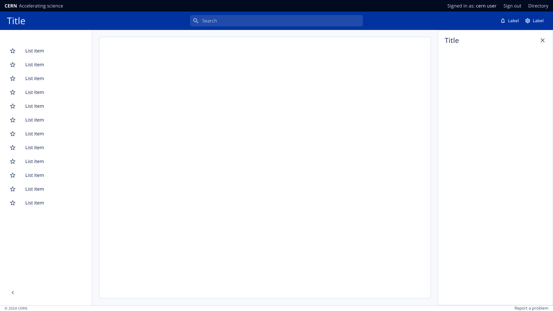 CERN UI application — full interface with top navigation, collapsible sidebar, main content canvas and right side panel