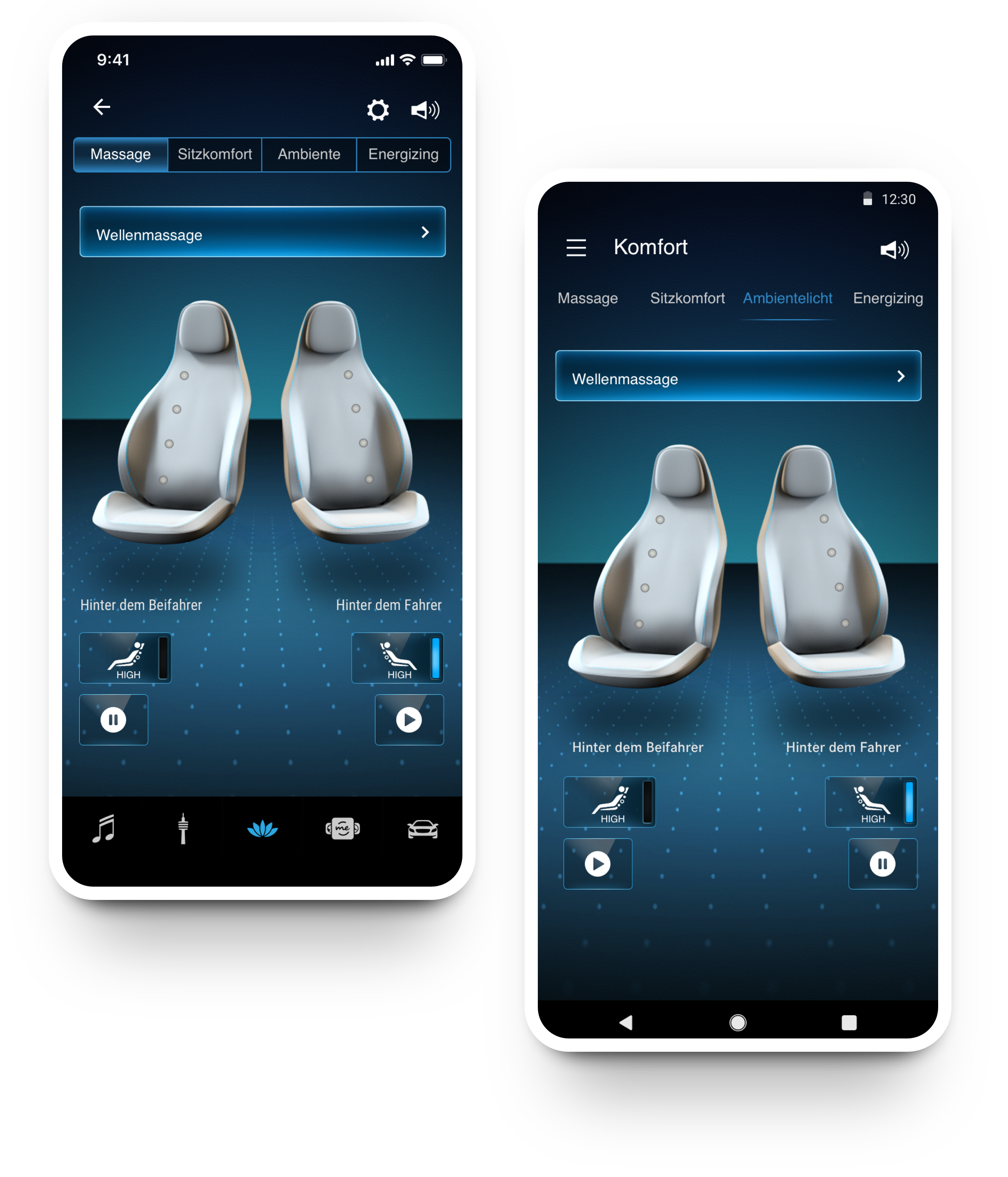 iOS and Android mockups of the Massage comfort controls